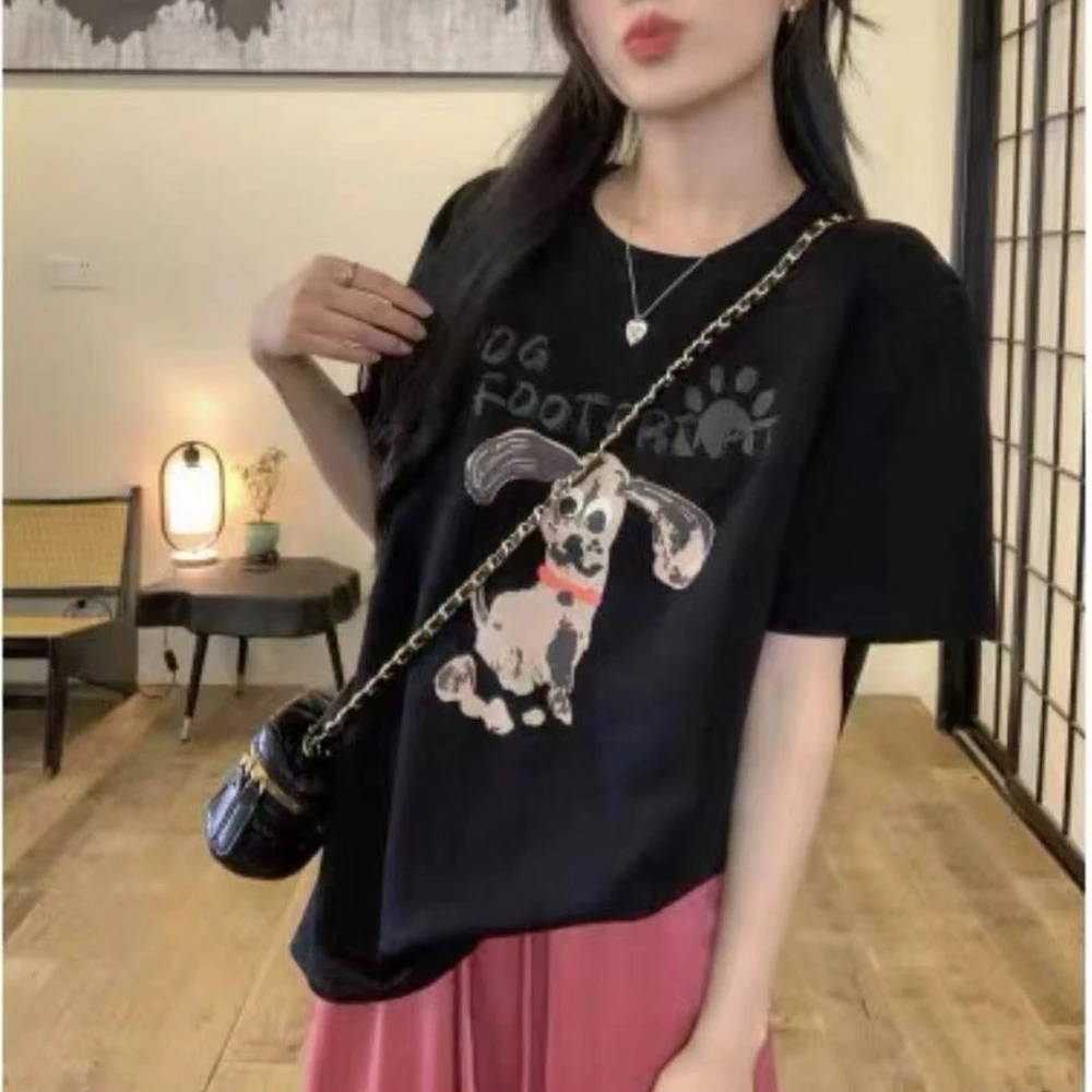 E6930【新款】甜酷减龄慵懒风卡通小狗印花圆领T恤