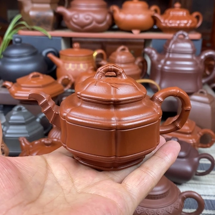 茶壶紫砂六方竹鼓150cc原矿赵庄朱泥双十一特价