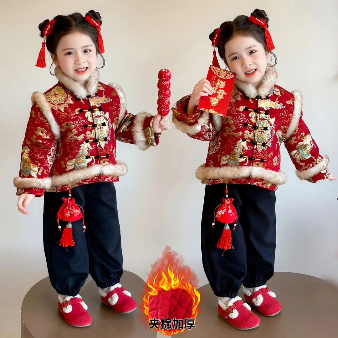 汉服女童拜年服冬季套装儿童喜庆红色宝宝国风新中式加厚过年衣服
