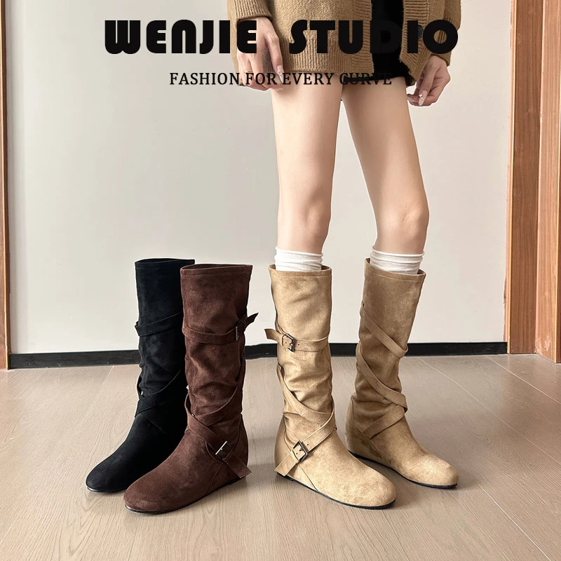 复古扣带勃肯靴2025新款胖mm内增高软皮褶皱堆堆靴大码靴子女