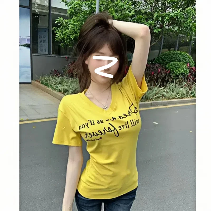 【6-8运补】辣妹V领字母短袖T恤女2025新显瘦遮肉夏季百搭韩版上衣