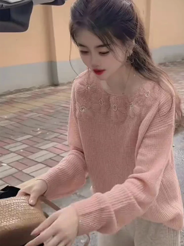 欧货圆领珍珠长袖针织衫女2025新款秋季宽松时尚休闲百搭上衣潮流