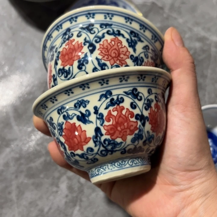 孤***雨景德镇青花玲珑瓷手绘釉里红缠枝莲压手杯2个