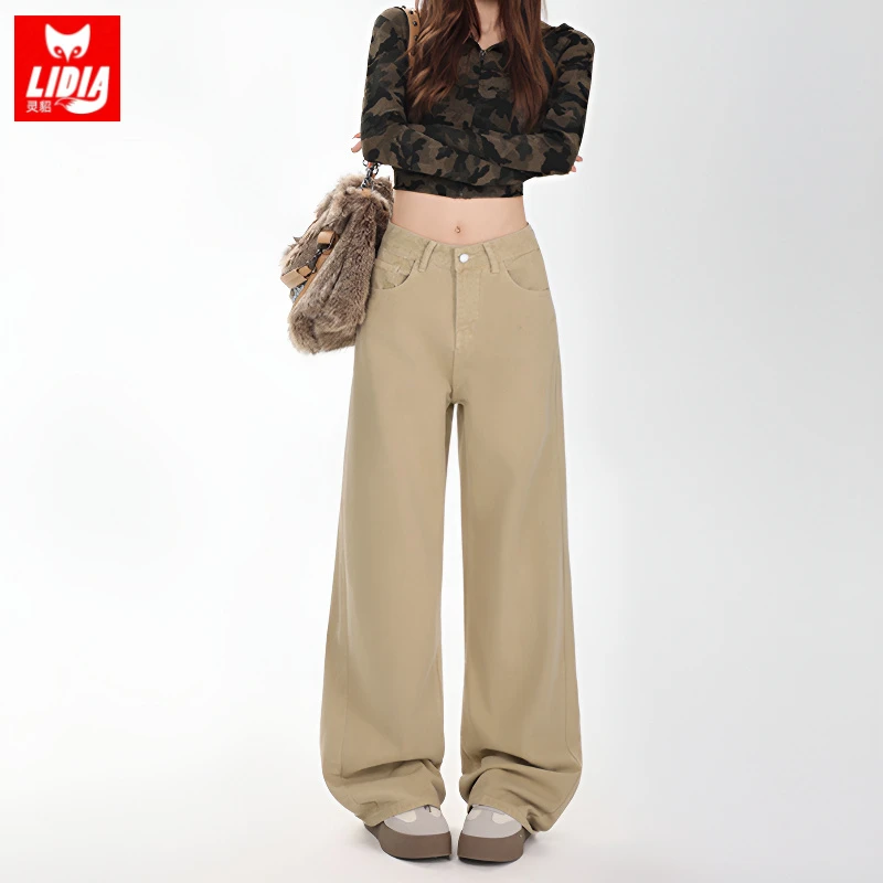 浅卡其色直筒牛仔裤女装秋款爆款2025新款宽松百搭款显瘦裤子潮款