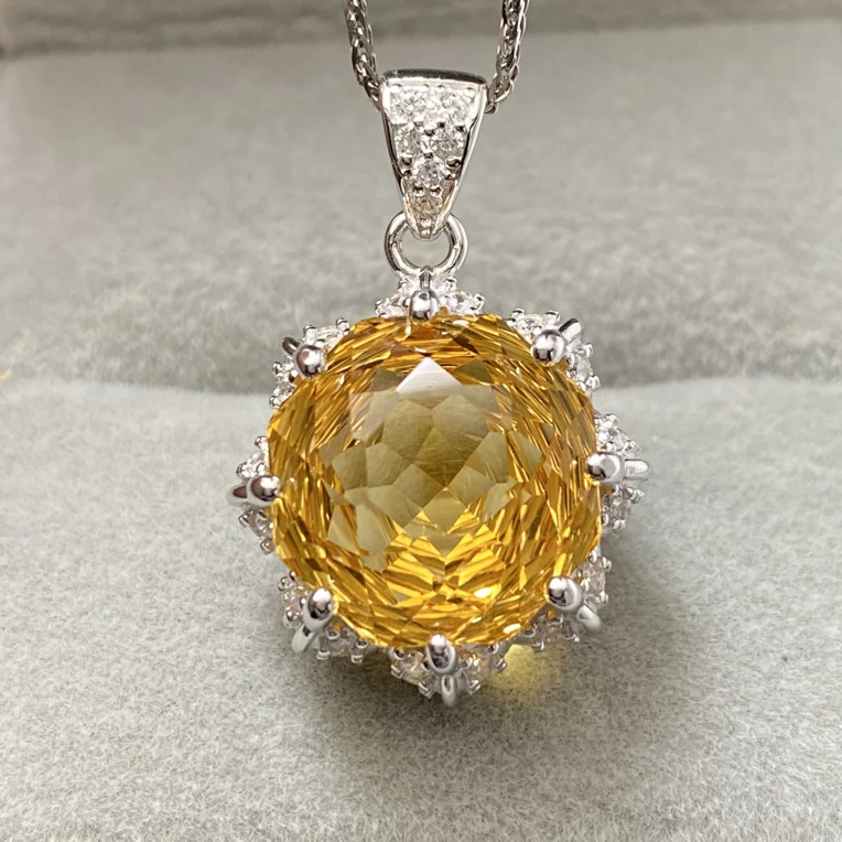 玫瑰花切工天然暴力黄黄水晶吊坠s925银不含链12mm百搭一物一证