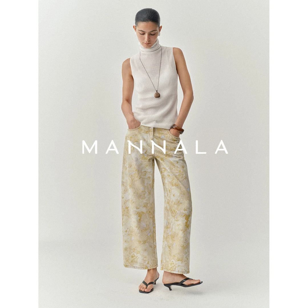 MANNALA丨“金盏花”淡雅油画感花卉印花高腰直筒牛仔裤 Q9279