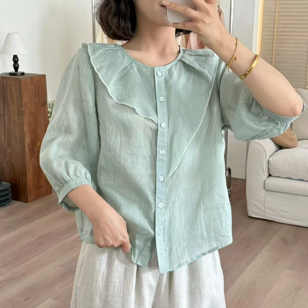 常樂家2025夏季新款纯苎麻不规则荷叶边圆领小衫944