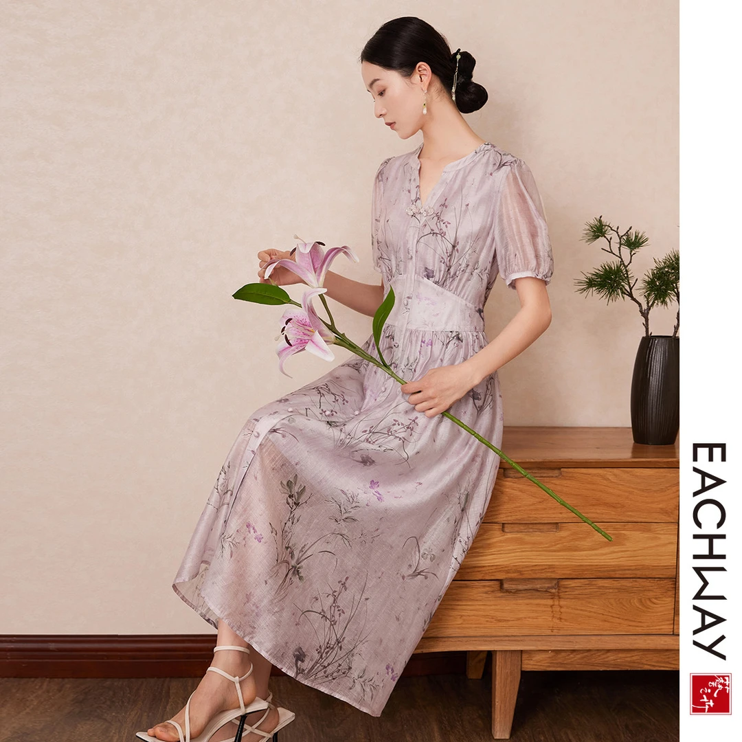 1S42L4406404气质碎花连衣裙女夏季薄款收腰a字裙