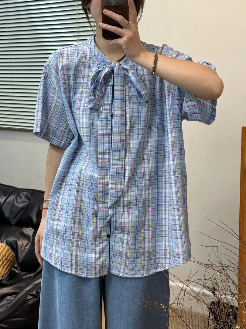 日系简约蓝色格子蝴蝶结2025夏季短袖衬衫宽松显瘦百搭设计感上衣