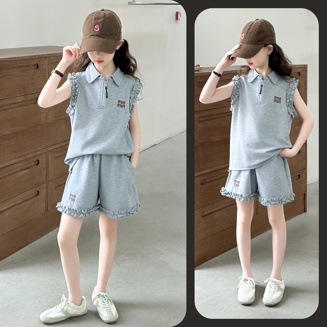 女童夏季无袖花边背心短裤两件套套装6~12岁中大童休闲洋气韩版潮