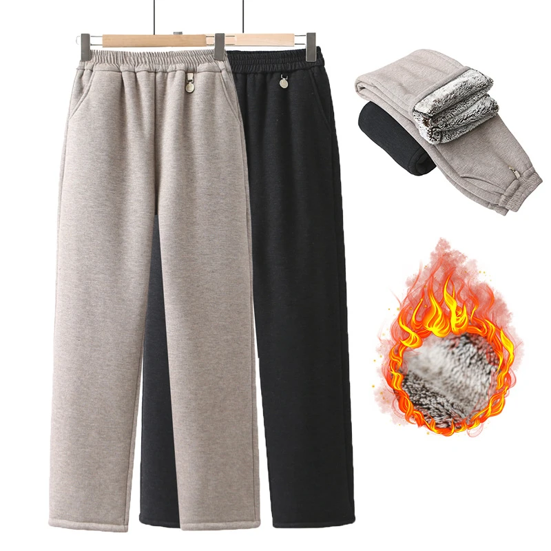 雪狐绒加厚妈妈裤子冬季保暖加绒裤中老年人冬装直筒女裤奶奶棉裤