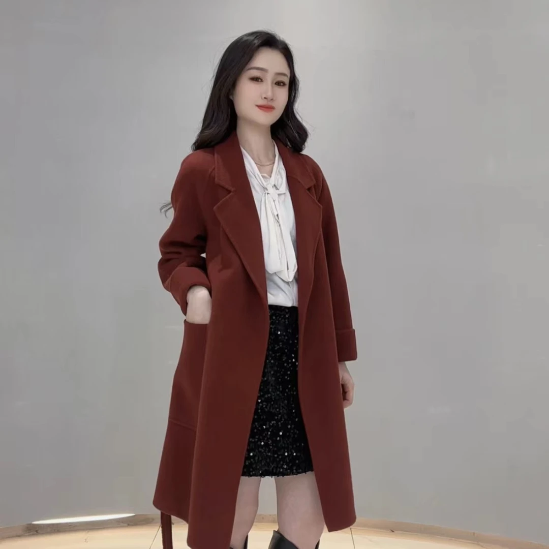 博泽春季红色双面呢大衣设计师时尚外套显瘦气质羊绒中长款大衣