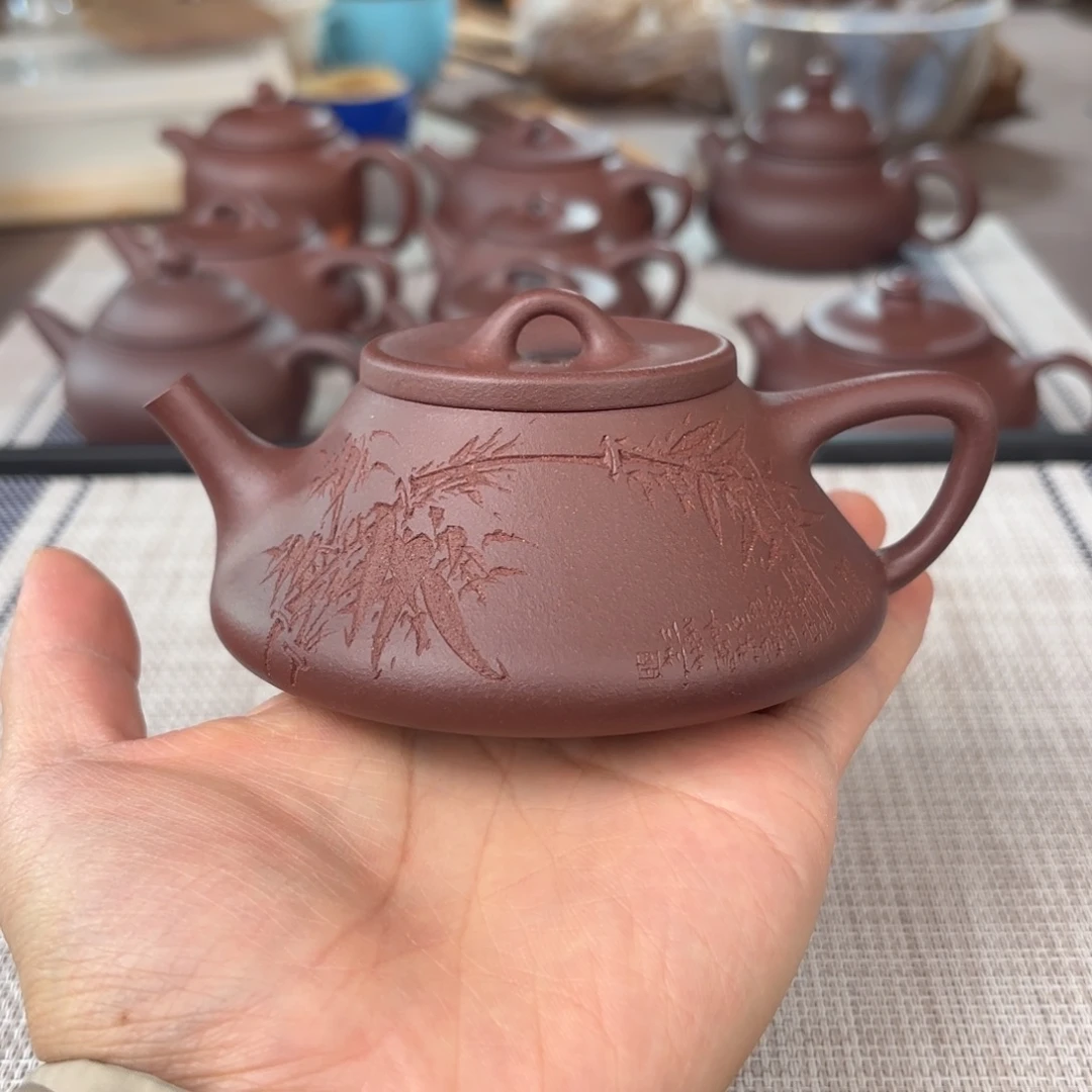 紫砂茶壶半手工老紫泥刻绘曲瓢壶180cc