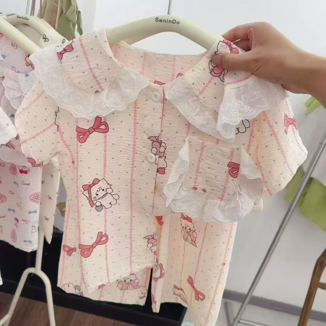 女童粉色蝴蝶结猫咪家居套装