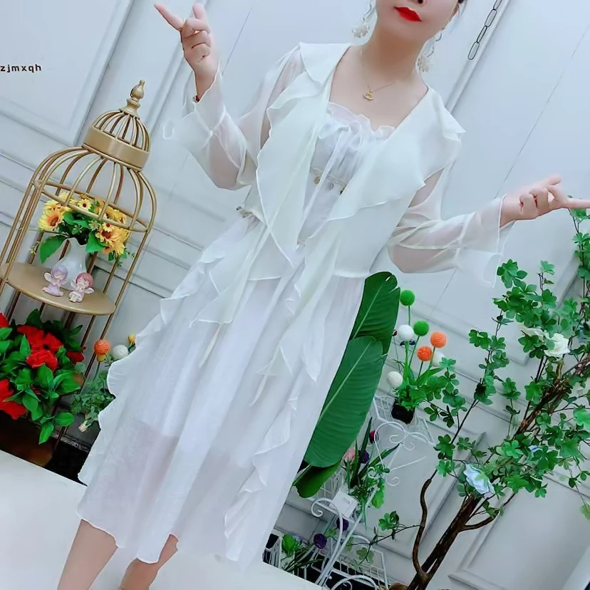 温柔风超仙女荷叶边设计感显瘦淑女新款法式夏季收腰连衣裙两件套