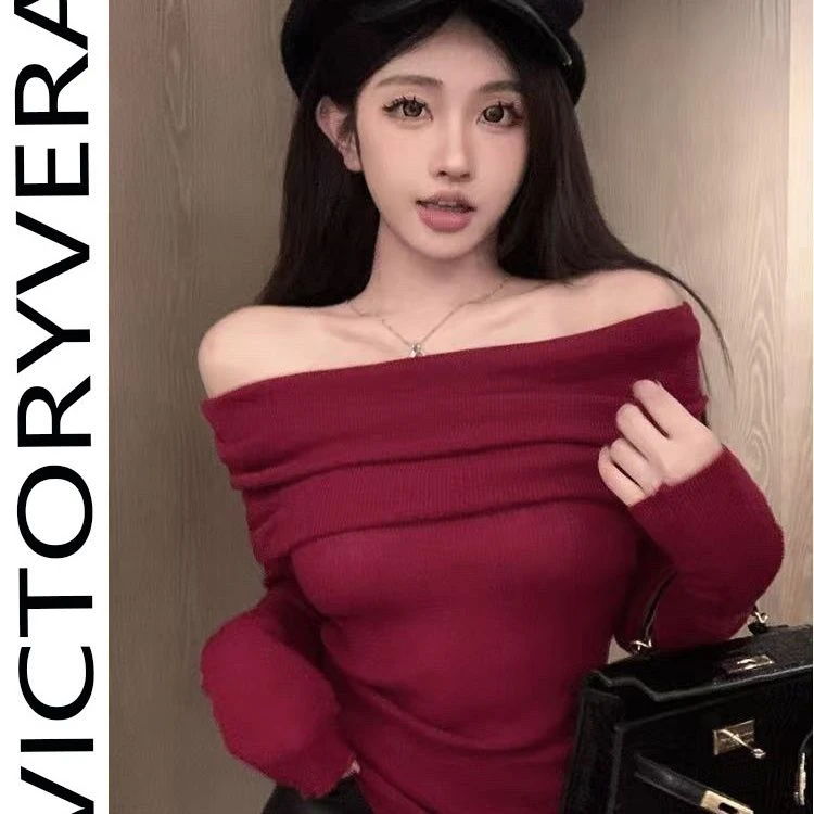 victory vera秋冬辣妹一字长袖T恤显瘦设计百搭新款红色修身气质