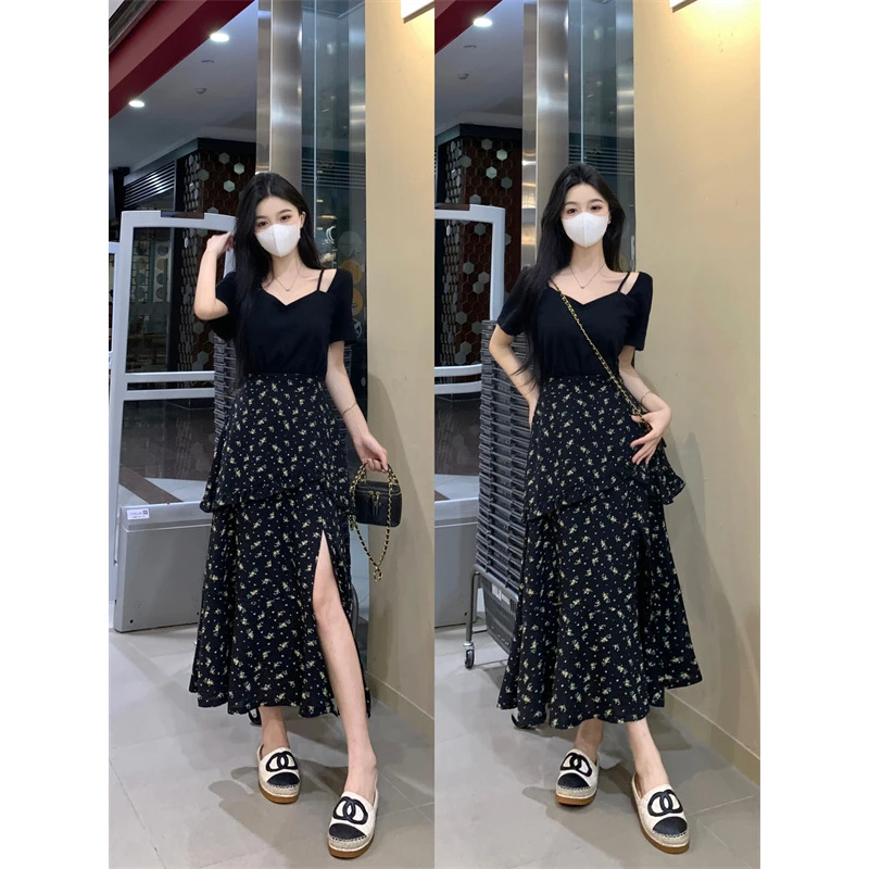 【小曹大码】夏季优雅气质收腰显瘦女装黑色碎花连衣裙-QXDM1772
