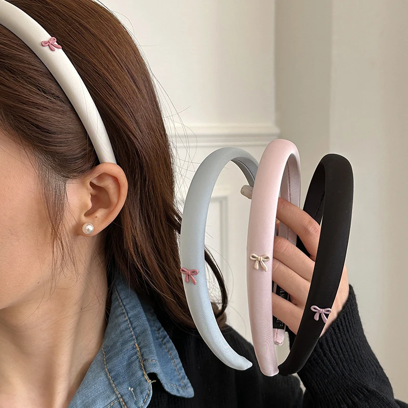 韩版高颅顶缎面蓝色发箍夏天女新款彩色蝴蝶结高级感修眉刀男士