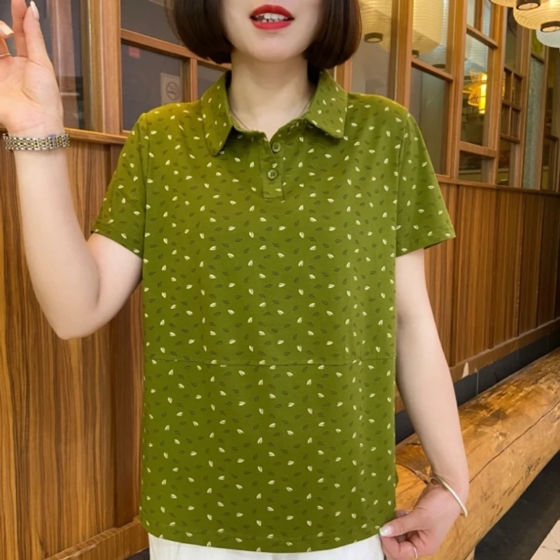 2025夏季新款翻领时尚休闲显瘦百搭印花气质妈妈装短袖上衣叶子恤