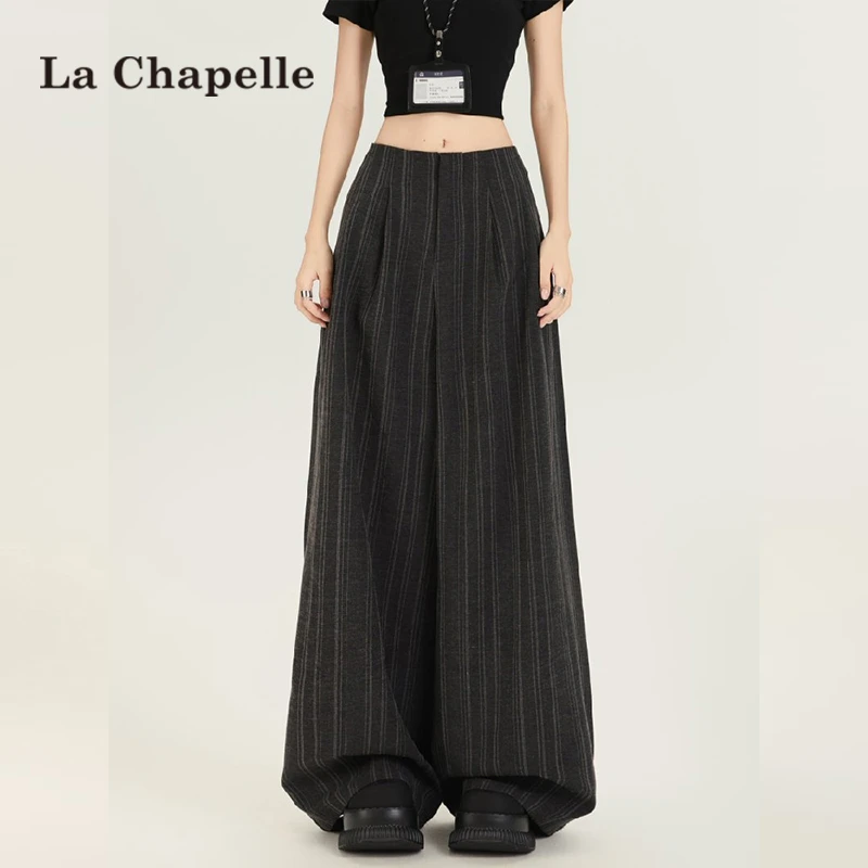 拉夏贝尔灰色条纹西装阔腿裤女2025新款春秋高腰直筒垂感休闲裤子
