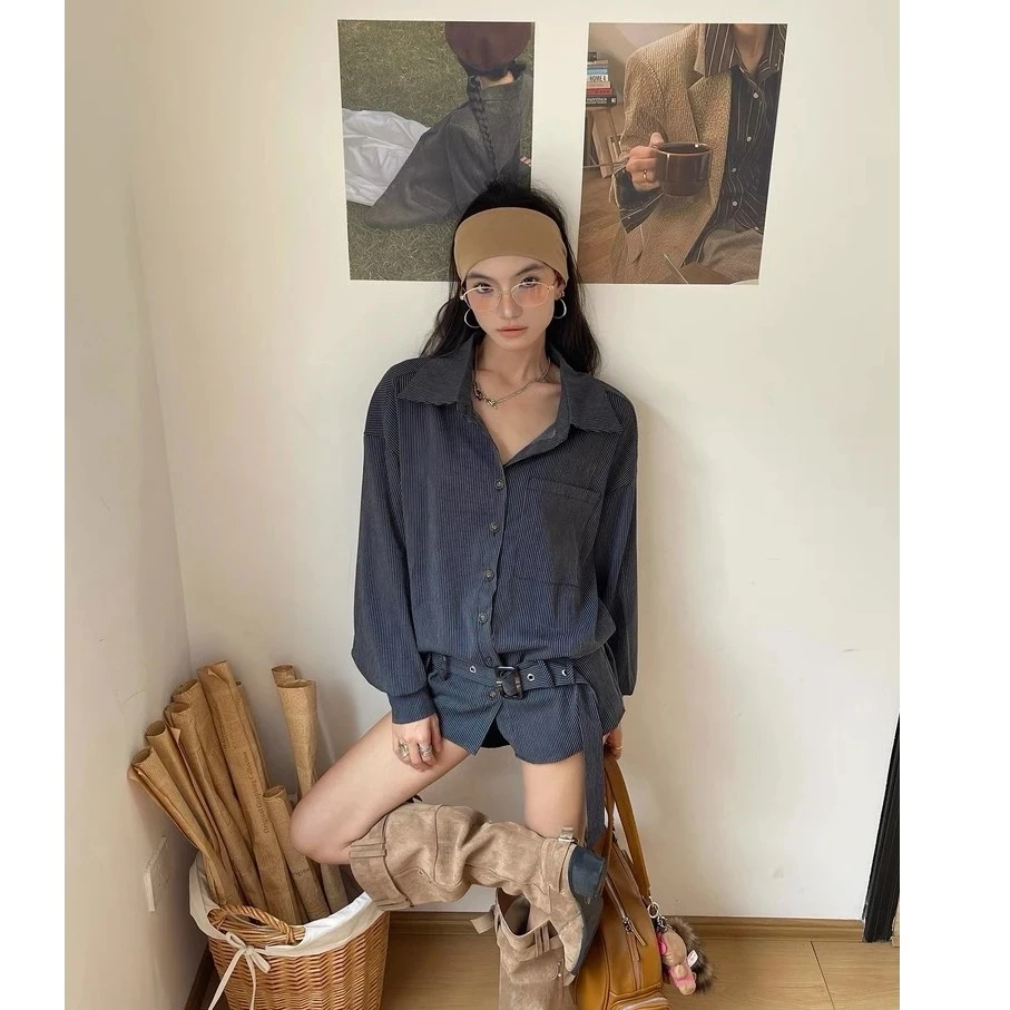 中古解构腰带条纹设计感衬衫上衣痞帅炸街风女装 #1037