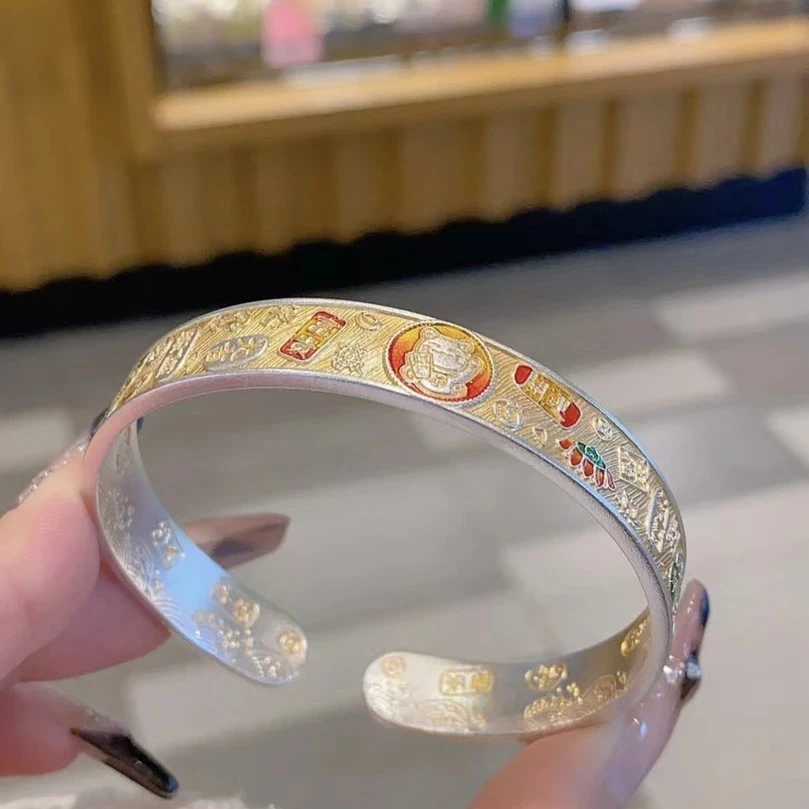 足银手镯 描金招财猫吉言开口手镯 实心描金工艺 时尚新款 顺财