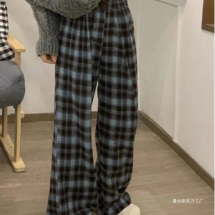 慵懒风格子休闲裤女春秋韩版网红垂感阔腿裤宽松小个子直筒拖地裤