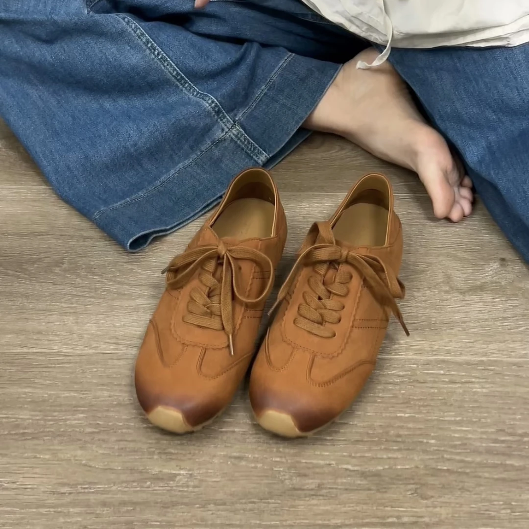 Dannyfrey头层羊皮复古做旧软底系带平底运动轻便休闲德训鞋2,5CM