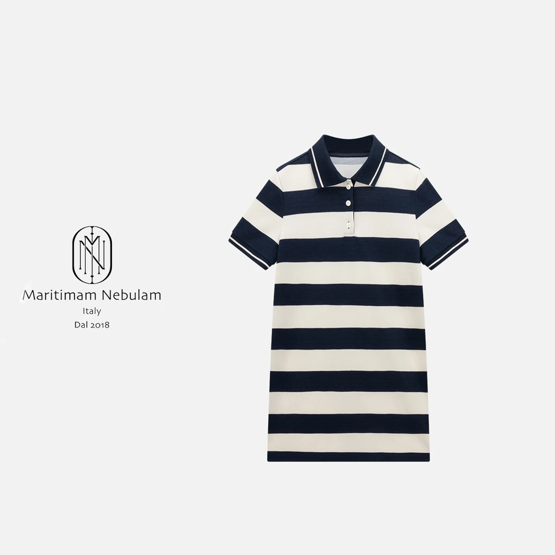 MN"蓝迪连体裙"高级感撞色条纹翻领A字裙 QZ091