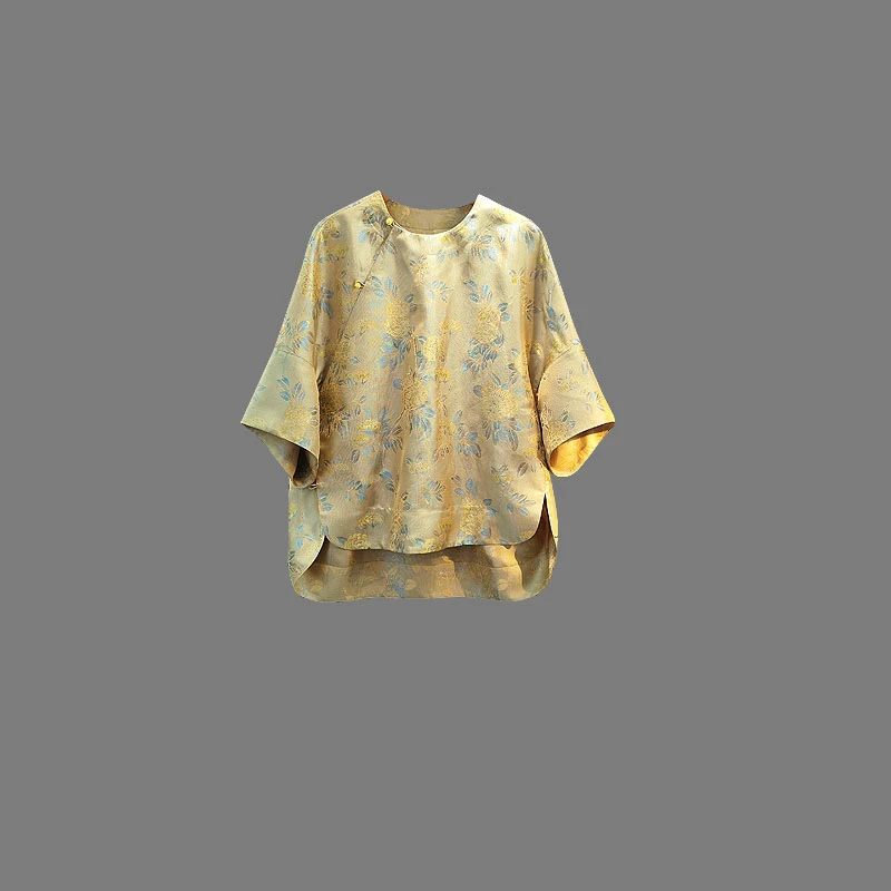 复古圆领桑蚕丝提花中式衬衫女夏季新款七分袖花萝宽松上衣