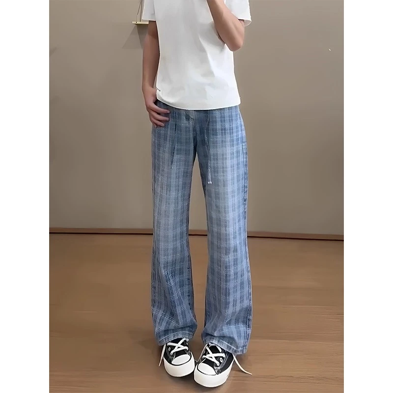 蓝色抽绳格子牛仔裤男款夏季潮牌痞帅美式高街直筒裤子休闲微喇裤