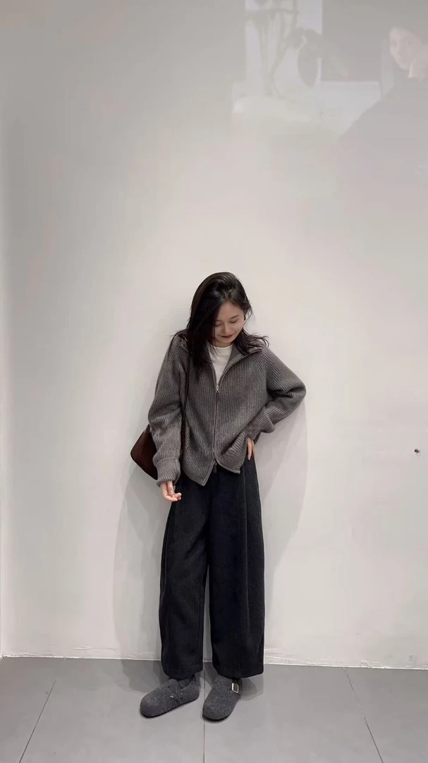 2025秋冬新款老钱风双拉链毛衣慵懒风翻领针织开衫马甲休闲裤套装