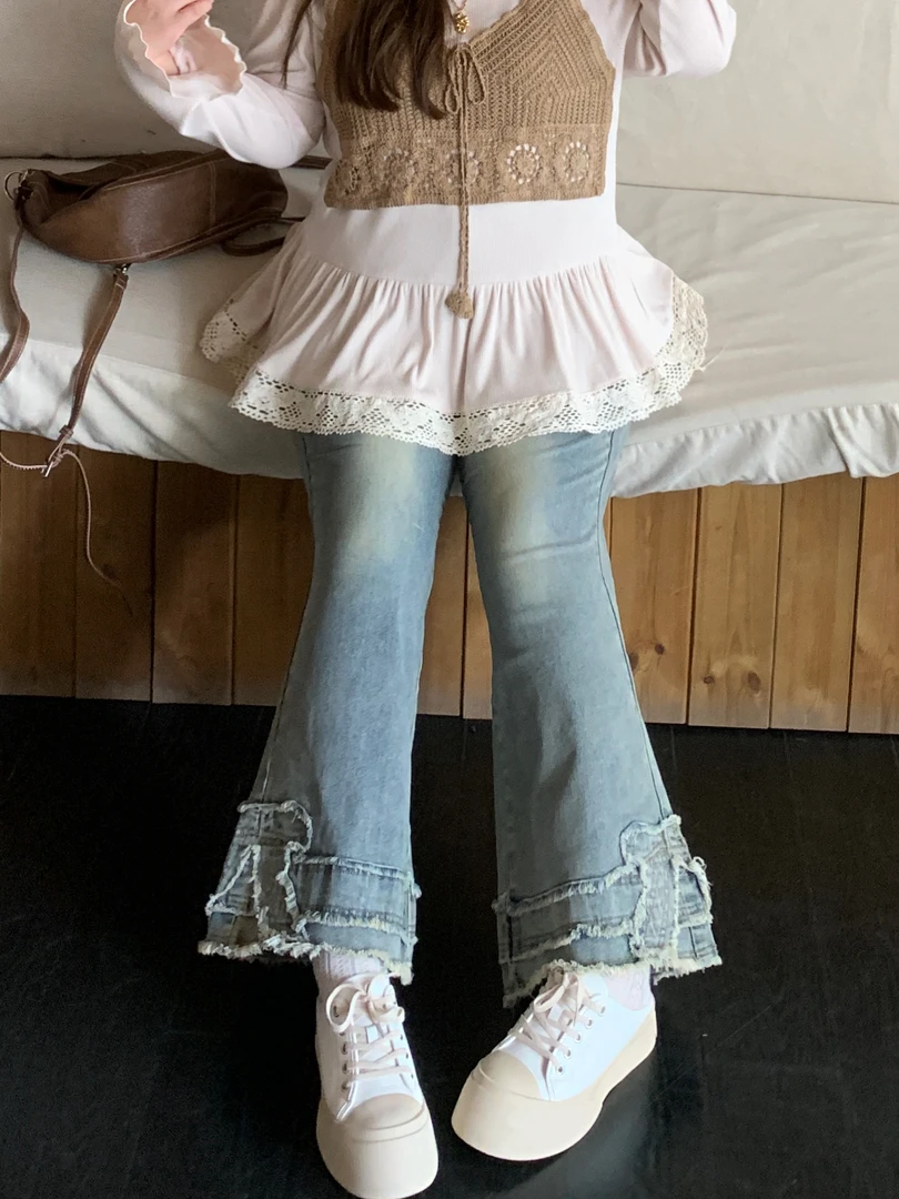 徐达布【波尔卡醺】大码蓝色水洗牛仔女微胖秋季微喇裤H36611C52