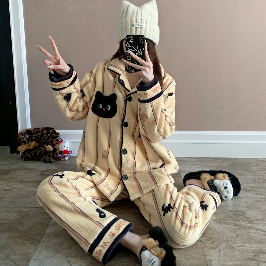 黄色条纹猫咪睡衣女新款冬季加绒加厚法兰绒开衫珊瑚绒家居服套装
