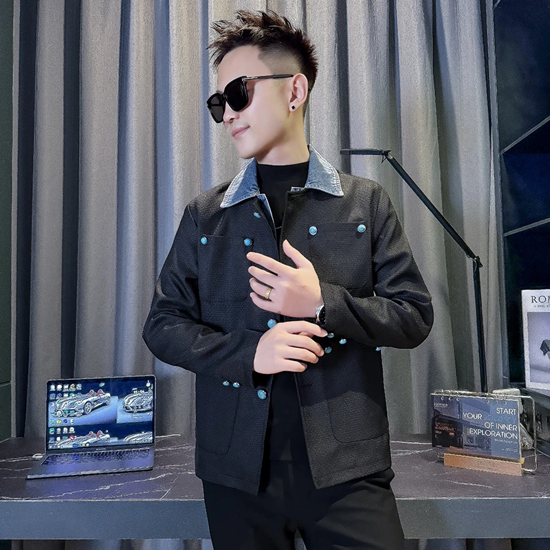 拼接男士斜纹翻领夹克商务休闲短款翻领男秋冬季春秋时尚百搭春季