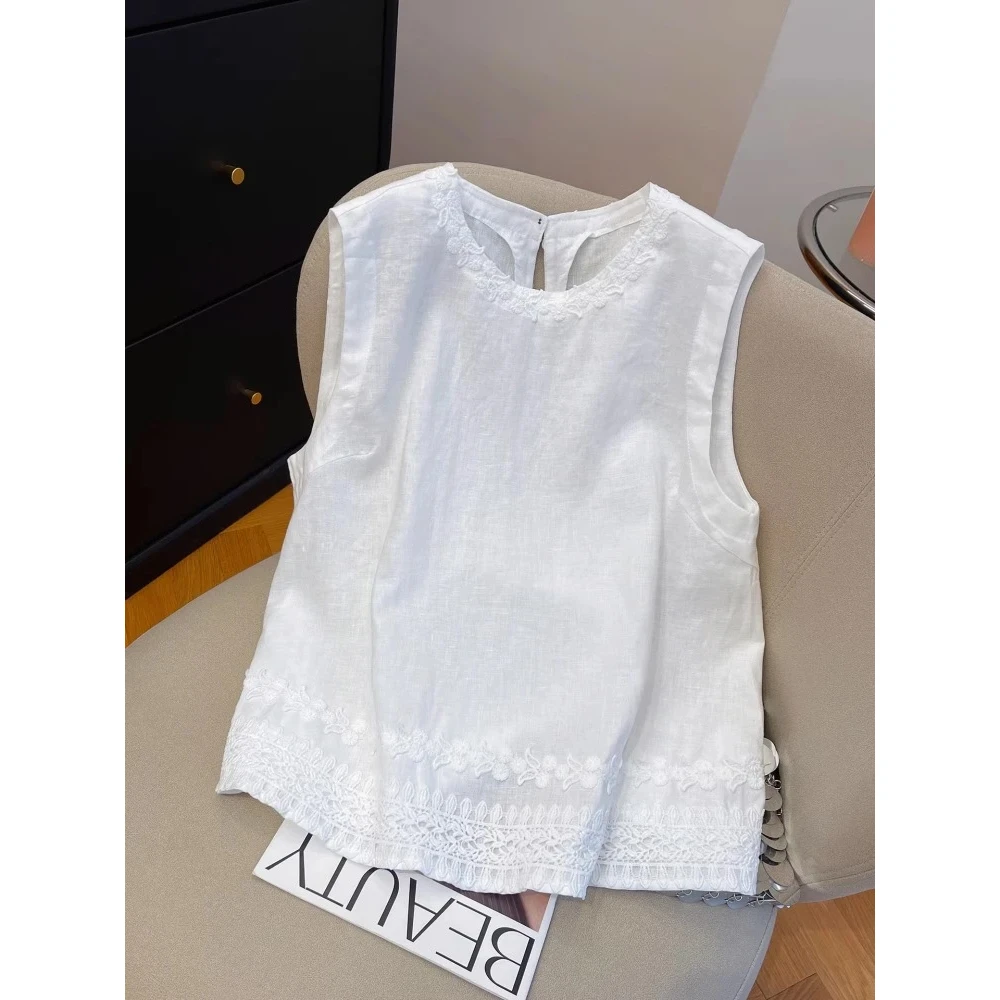 大码女装白色花边无袖背心女2025年夏季新款宽松圆领气质百搭上衣