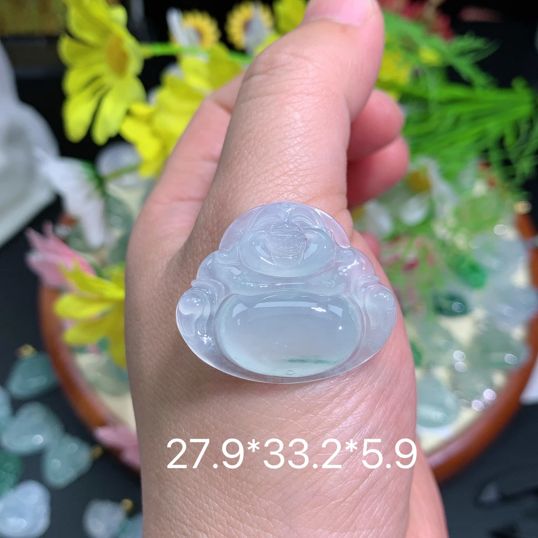 缅甸翡翠A货冰种飘花佛公刘挂件水润百搭精冰雕刻气质珠宝玉石