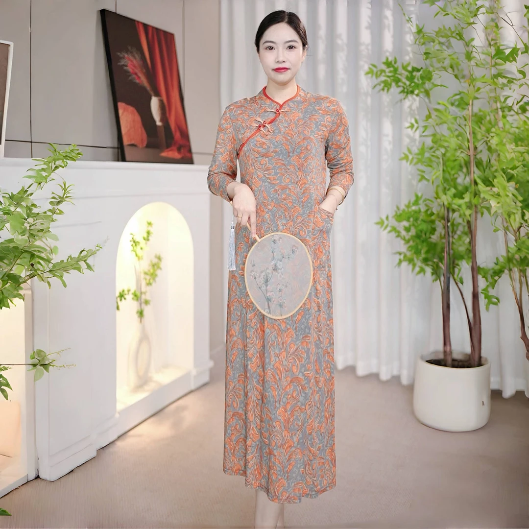 4933妈妈装复古改良版旗袍裙长袖显瘦气质连衣裙