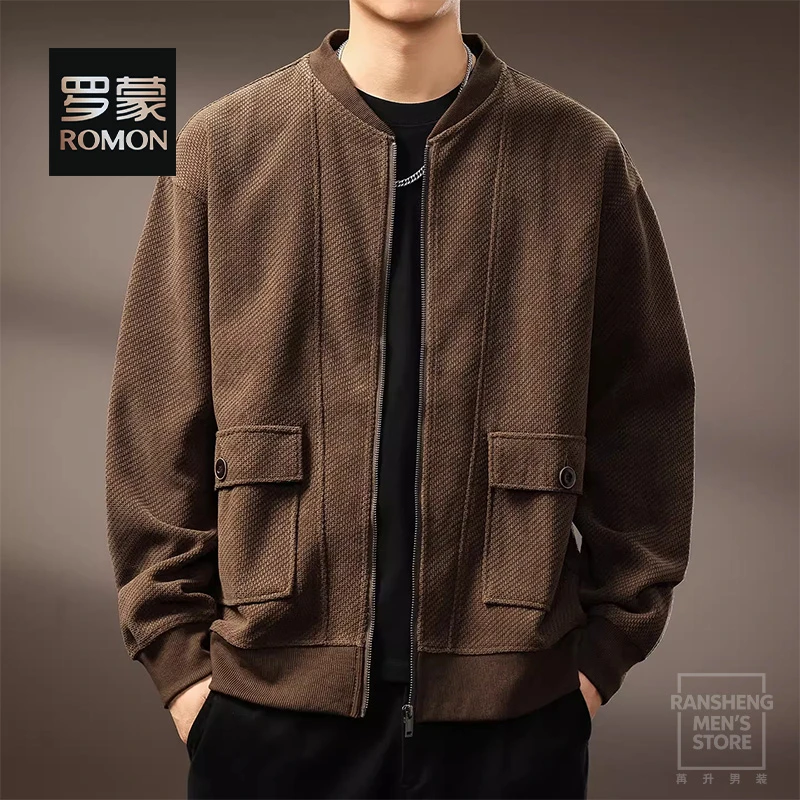 罗蒙美式复古开衫欧棉绒立领夹克男士2025秋季新款宽松棒球领外套