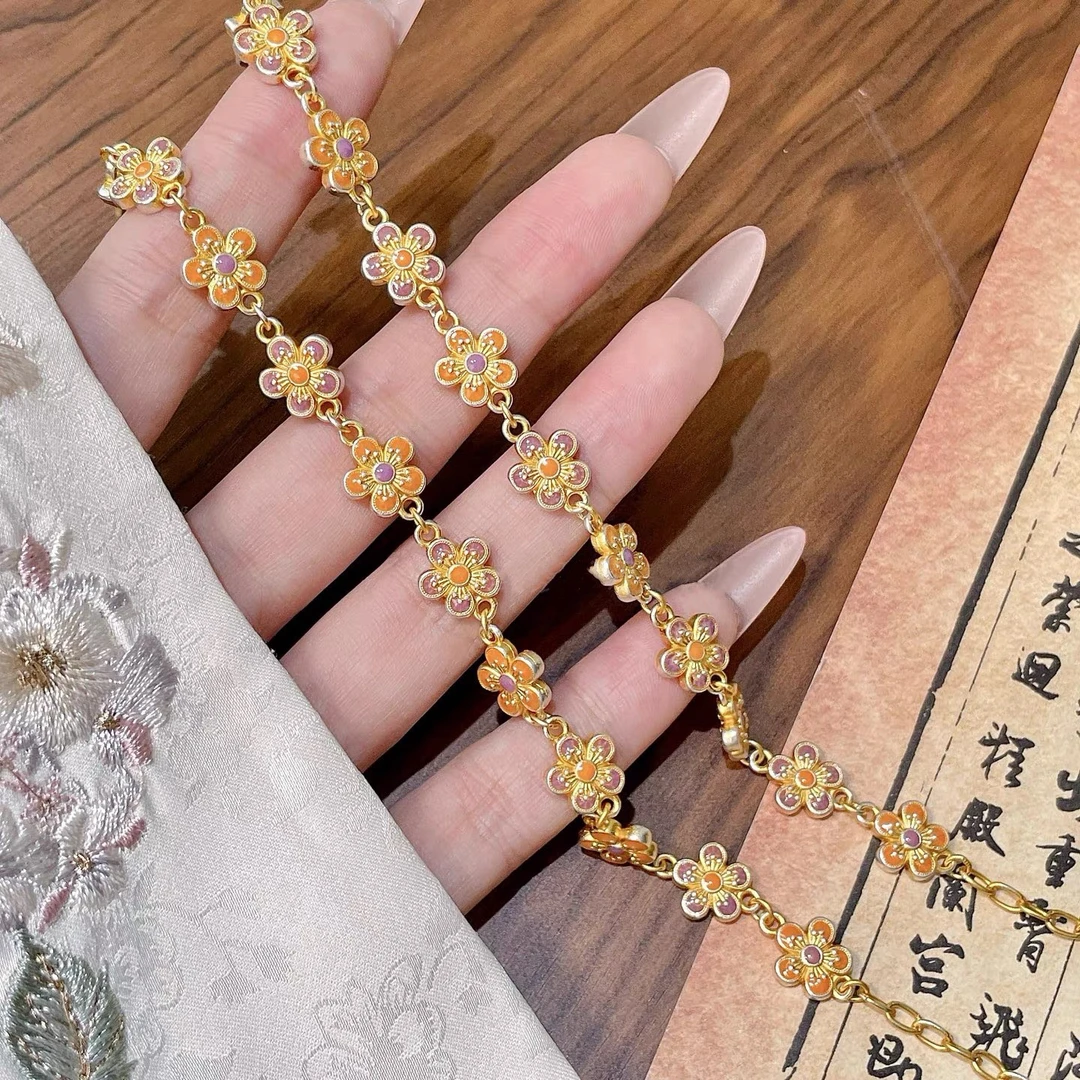 足银手链 足银999.9桃花珐琅描金银手链小众首饰女款银手链氛围感