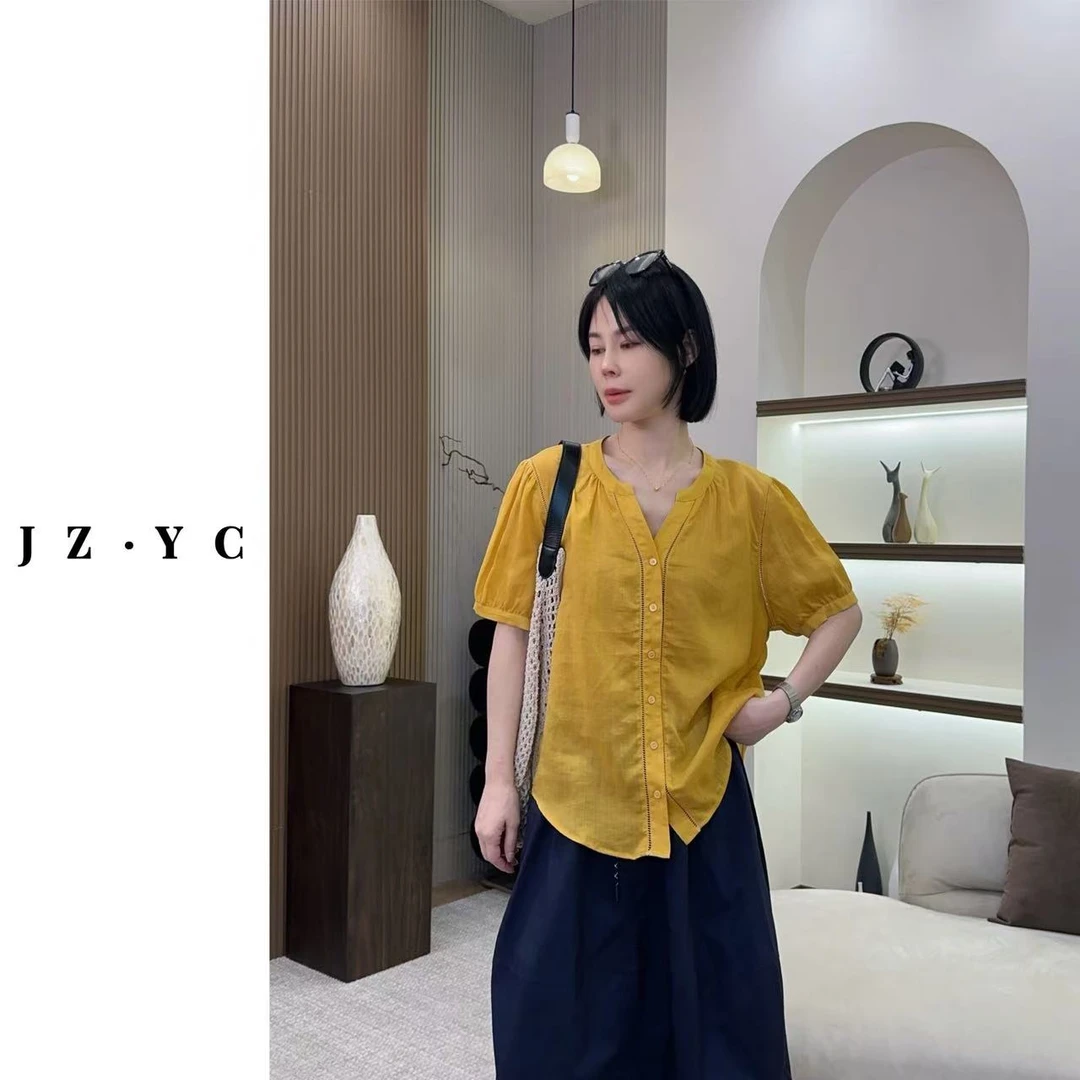 【洁子推荐】 2025夏季新款256721韩系V领设计麻料衬衫JZYC256721