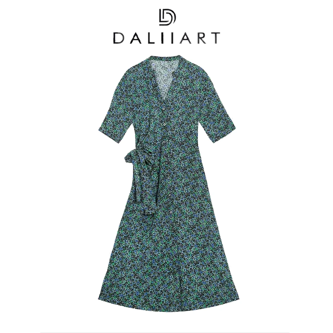 大丽高定 法式茶歇裙 6A级桑蚕丝18MM双绉印花V领连衣裙DLQZ0544