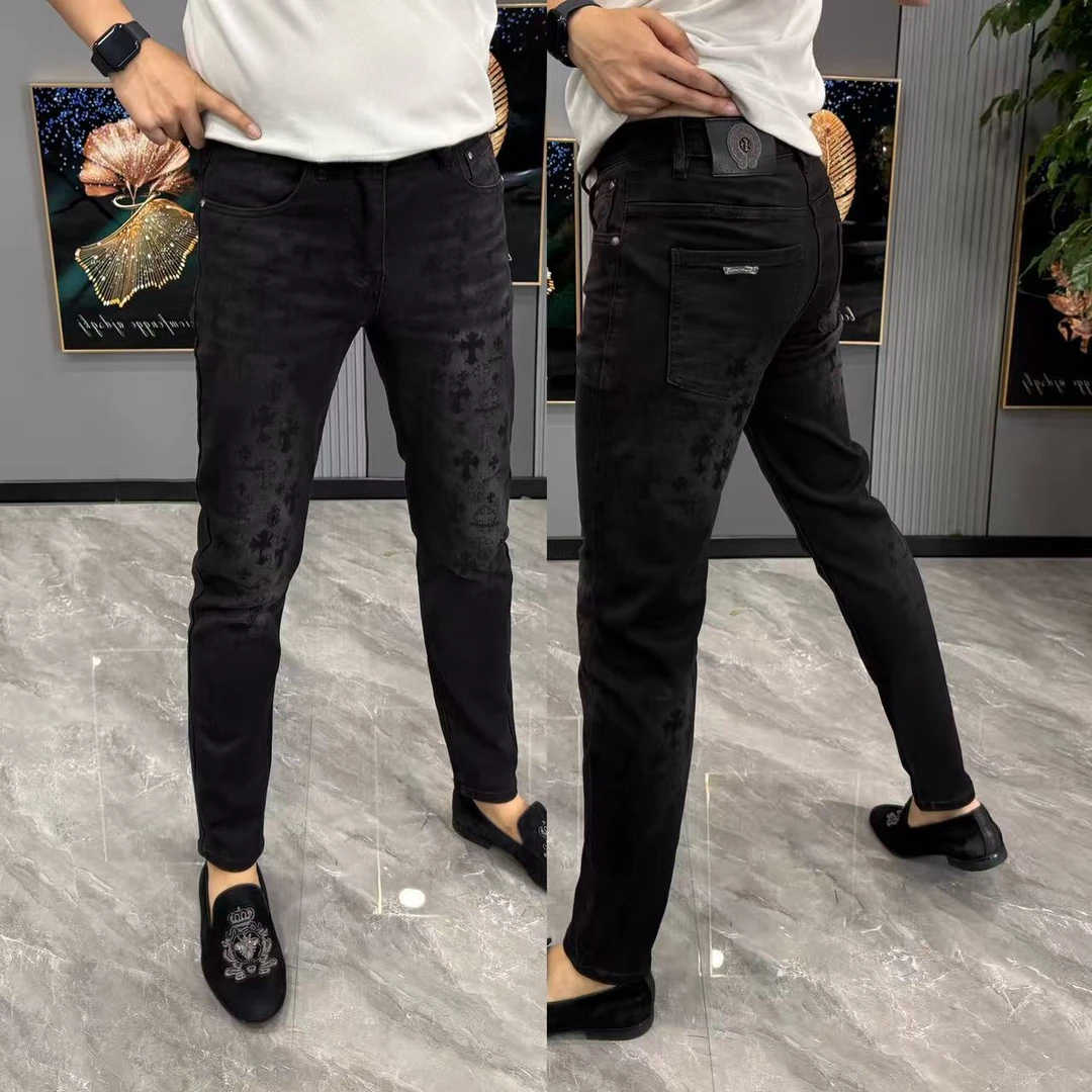 牛仔裤男潮流时尚秋季新款弹力修身个性印花男士小脚裤舒适百搭帅