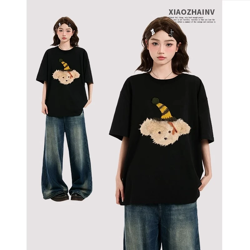 可爱小熊印花短袖女t恤夏季2025新款设计感宽松显瘦半袖黑色上衣