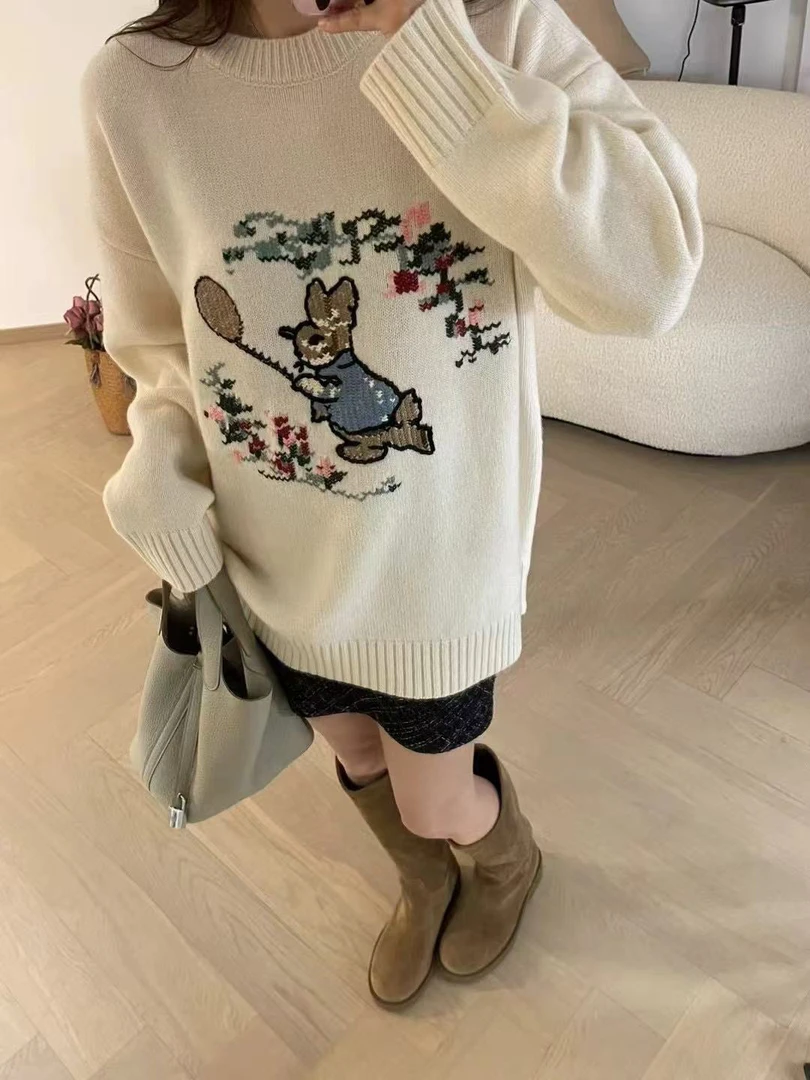 慵懒风针织衫套头绣花小兔子图案时尚洋气欧洲站新款8166