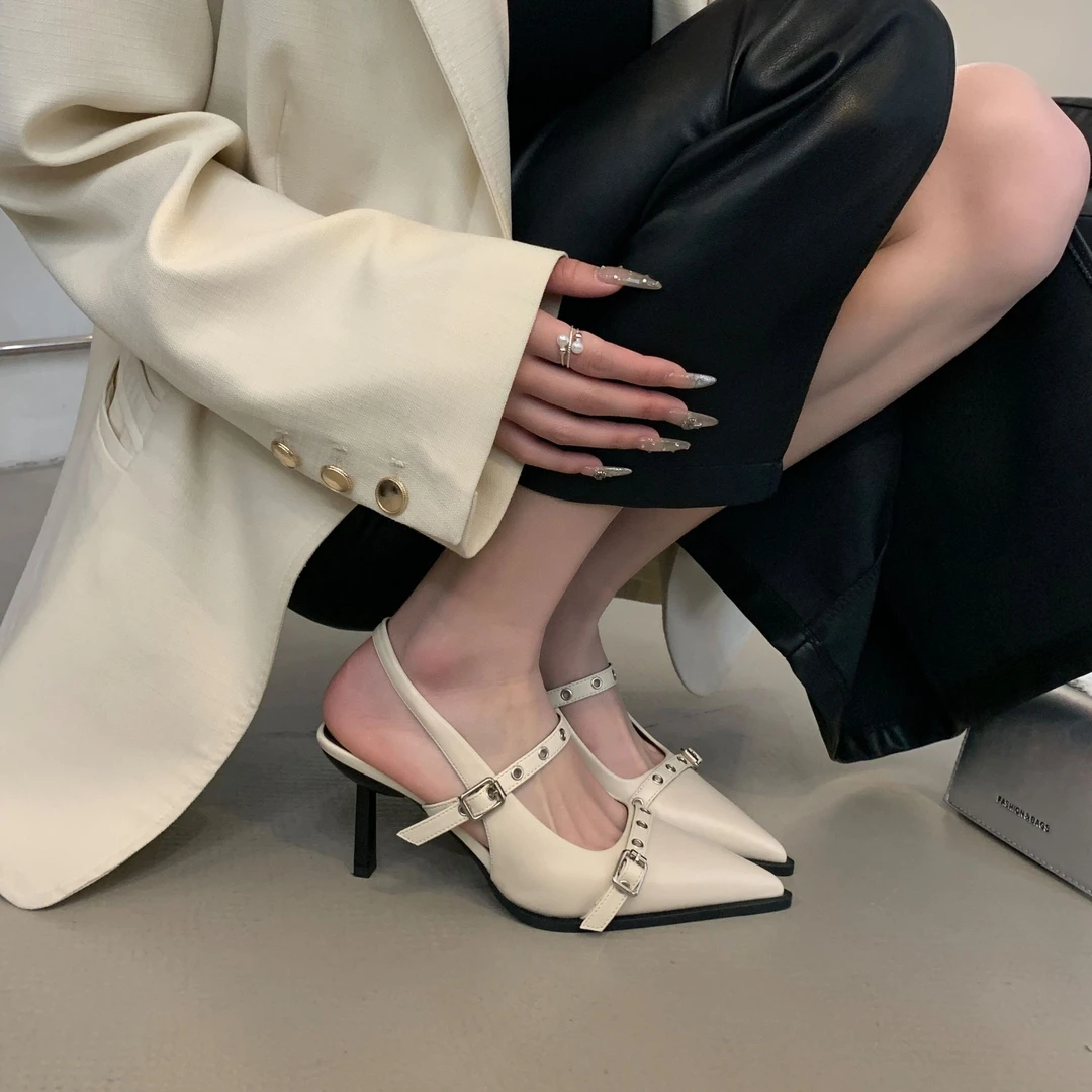 法式尖头玛丽珍鞋复古高跟单鞋2025夏季配裙子包头后空拌带凉鞋女