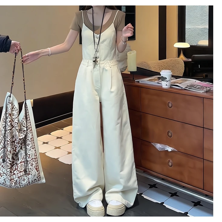 拼接裁剪休闲吊带牛仔连体裤 高定款 复古金丝吊带牛仔连体裤+T恤