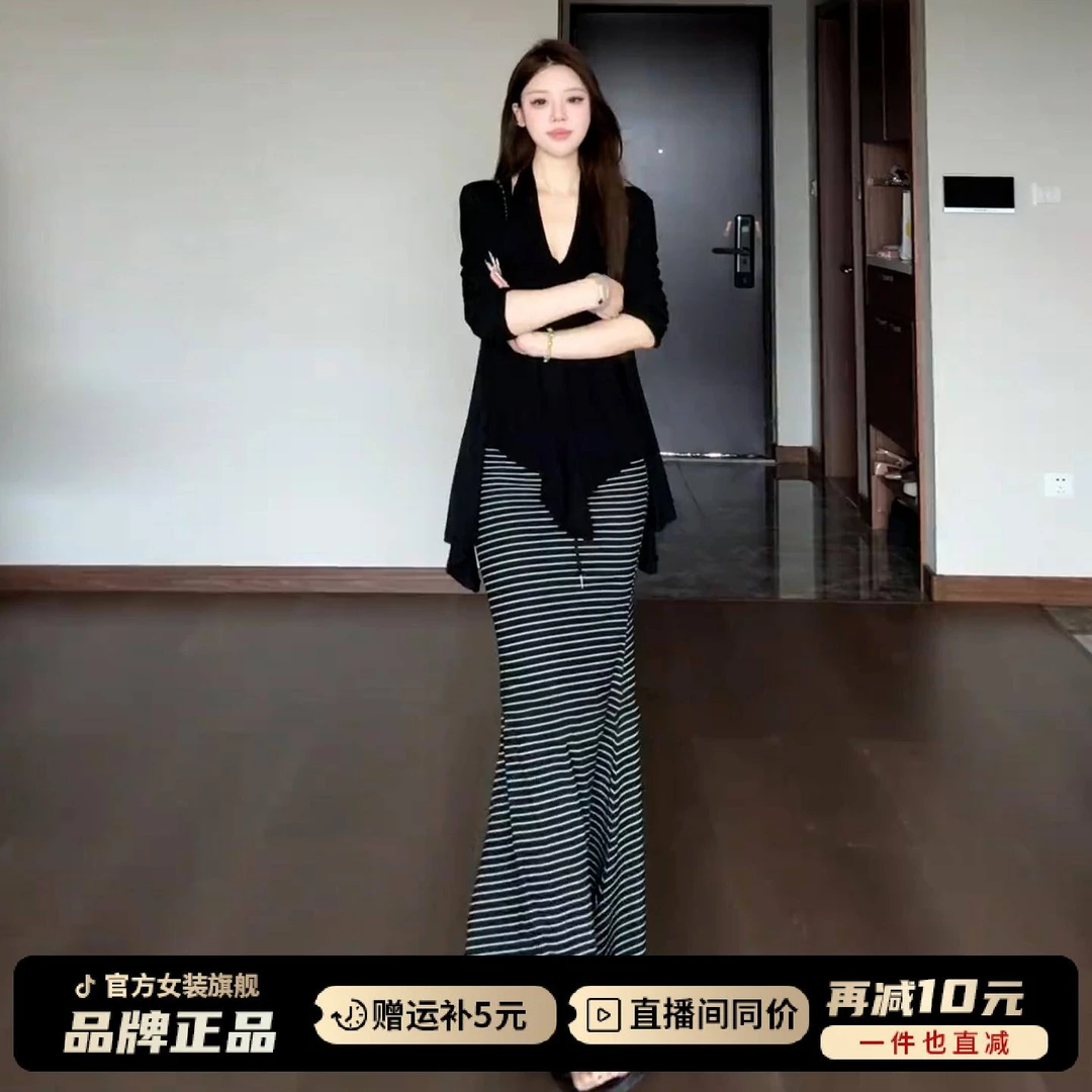 2025新款韩系慵懒风穿搭黑色套装连衣裙子女早秋季高级感包臀长裙