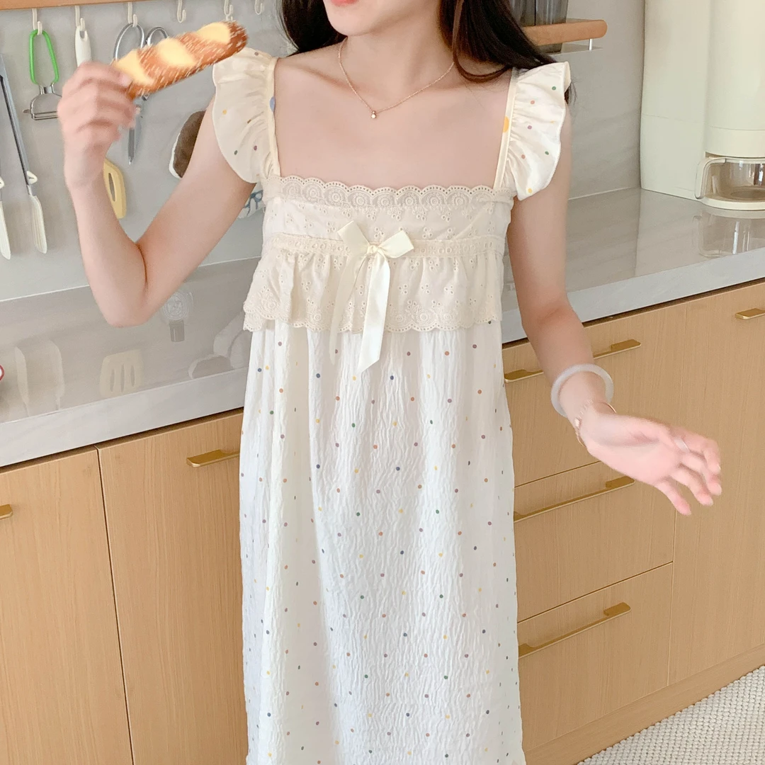 夏季女款宽松云柔卡通印花睡裙吊带中长款蕾丝边木耳袖