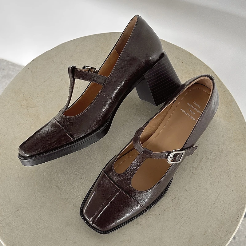 6cm真皮玛丽珍鞋女2025春季新款粗跟高跟小皮鞋一字扣带羊皮单鞋